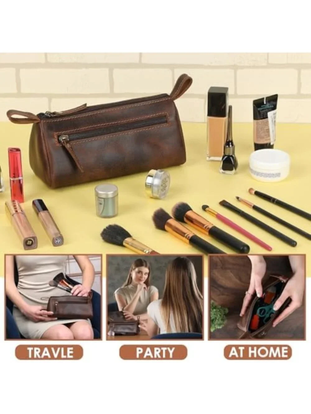 Genuine Leather Makeup Bag for Women – Travel Cosmetic Pouch, Toiletry
